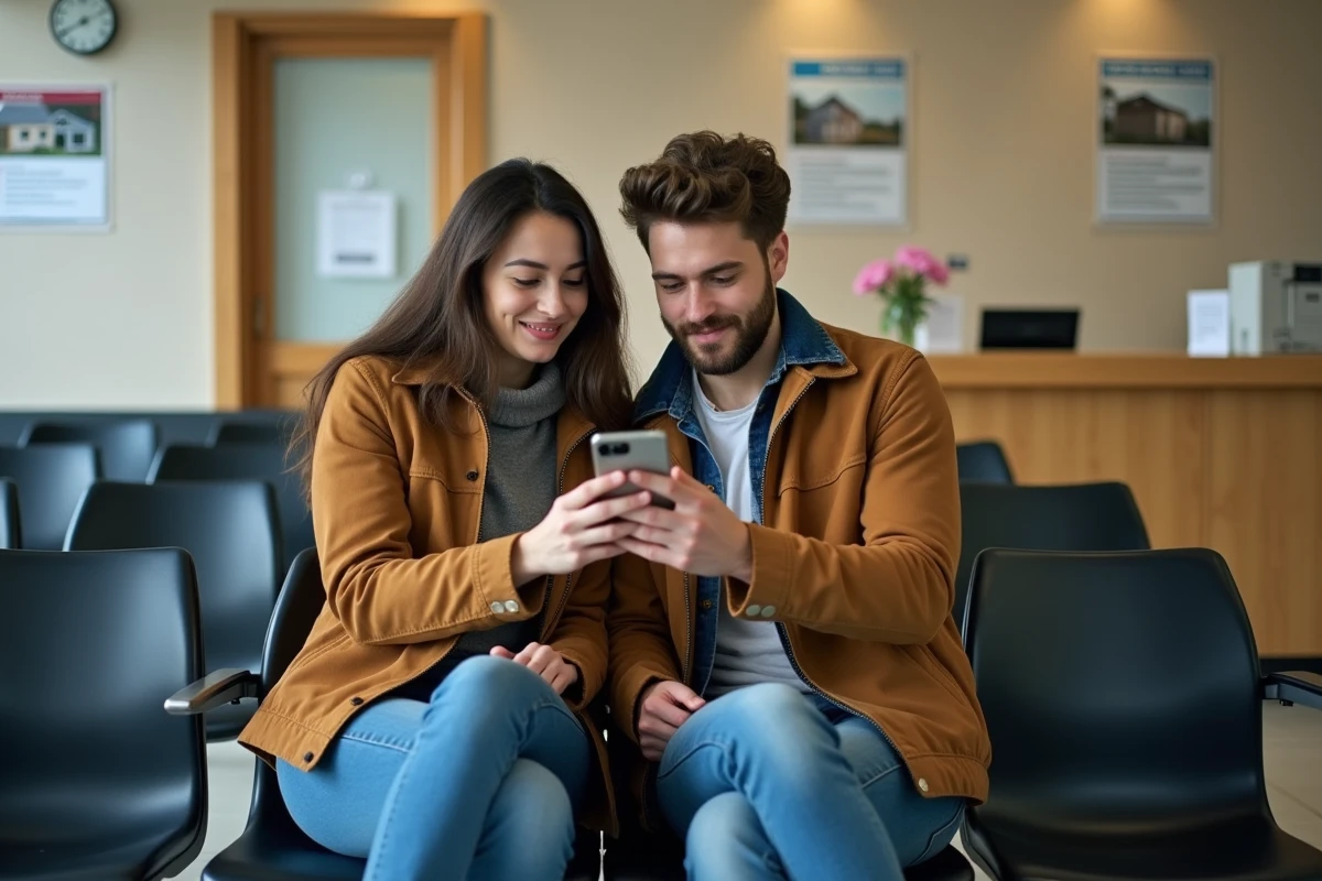 Couple consultant une plateforme de logement social sur smartphone dans une salle d'attente administrative