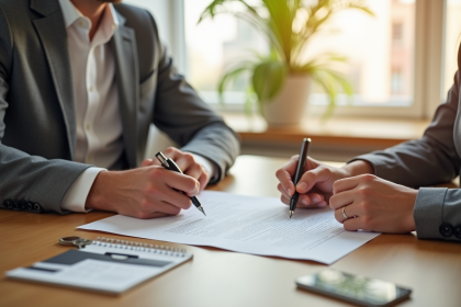 Couple professionnel signant un bail dans un salon lumineux