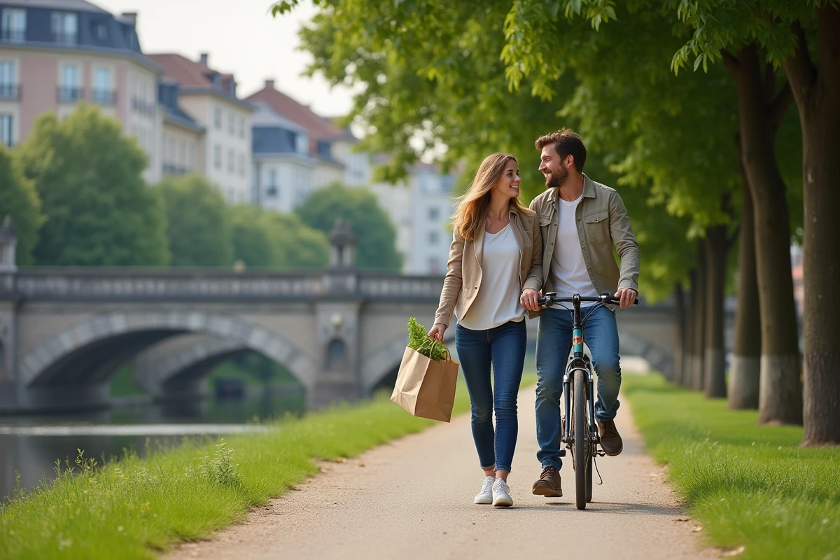 Couple profitant de la vie de quartier au bord d'une rivière dans une ville d'Île-de-France proche de Paris