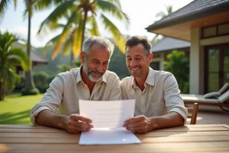 Couple français détendu sur terrasse avec villa thaïlandaise