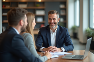 Courtier en prêt immobilier avec un couple dans un bureau moderne