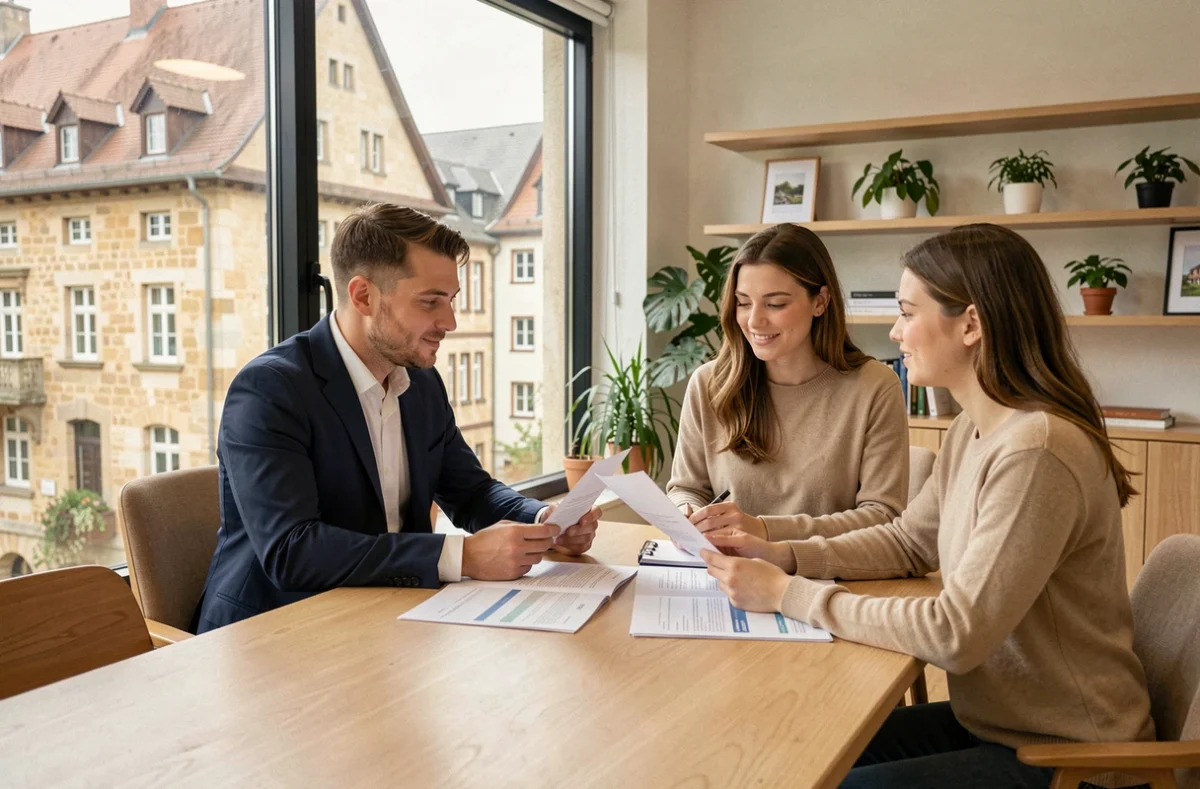 Un courtier en prêt immobilier conseille un couple dans un bureau moderne du Grand Est, avec des documents de financement posés sur la table