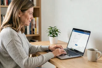 Femme créant son espace client en ligne sur un portail immobilier Foncia depuis son bureau à domicile