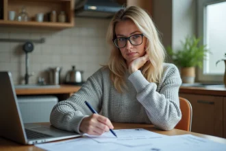 Femme consultant des formulaires de demande de logement social sur une table de cuisine avec un ordinateur portable