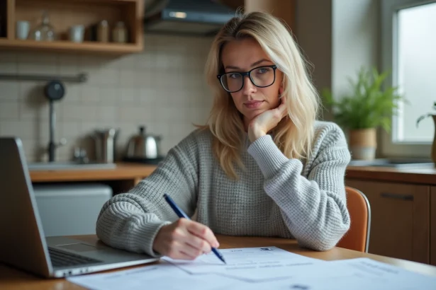 Femme consultant des formulaires de demande de logement social sur une table de cuisine avec un ordinateur portable