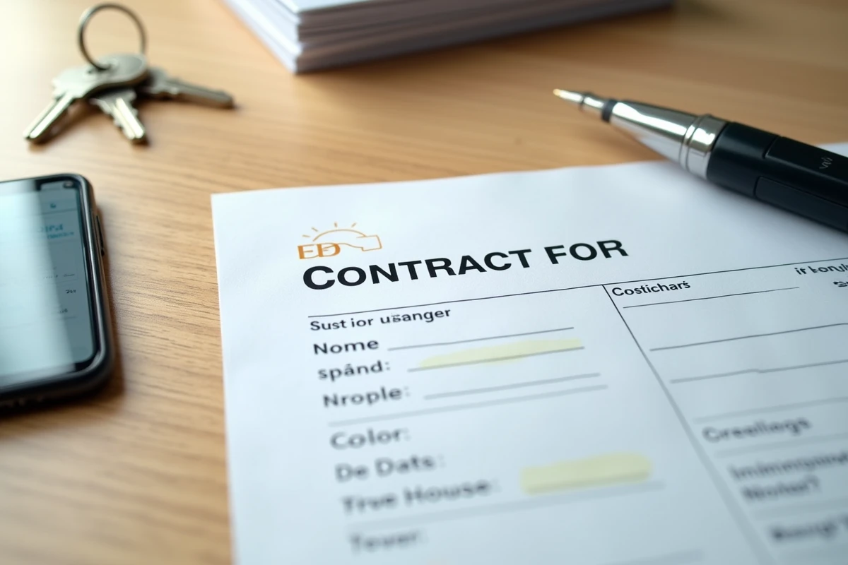 Vue de dessus d'un bureau avec contrat EDF, clés d'appartement et smartphone pour illustrer les démarches administratives de reprise de contrat