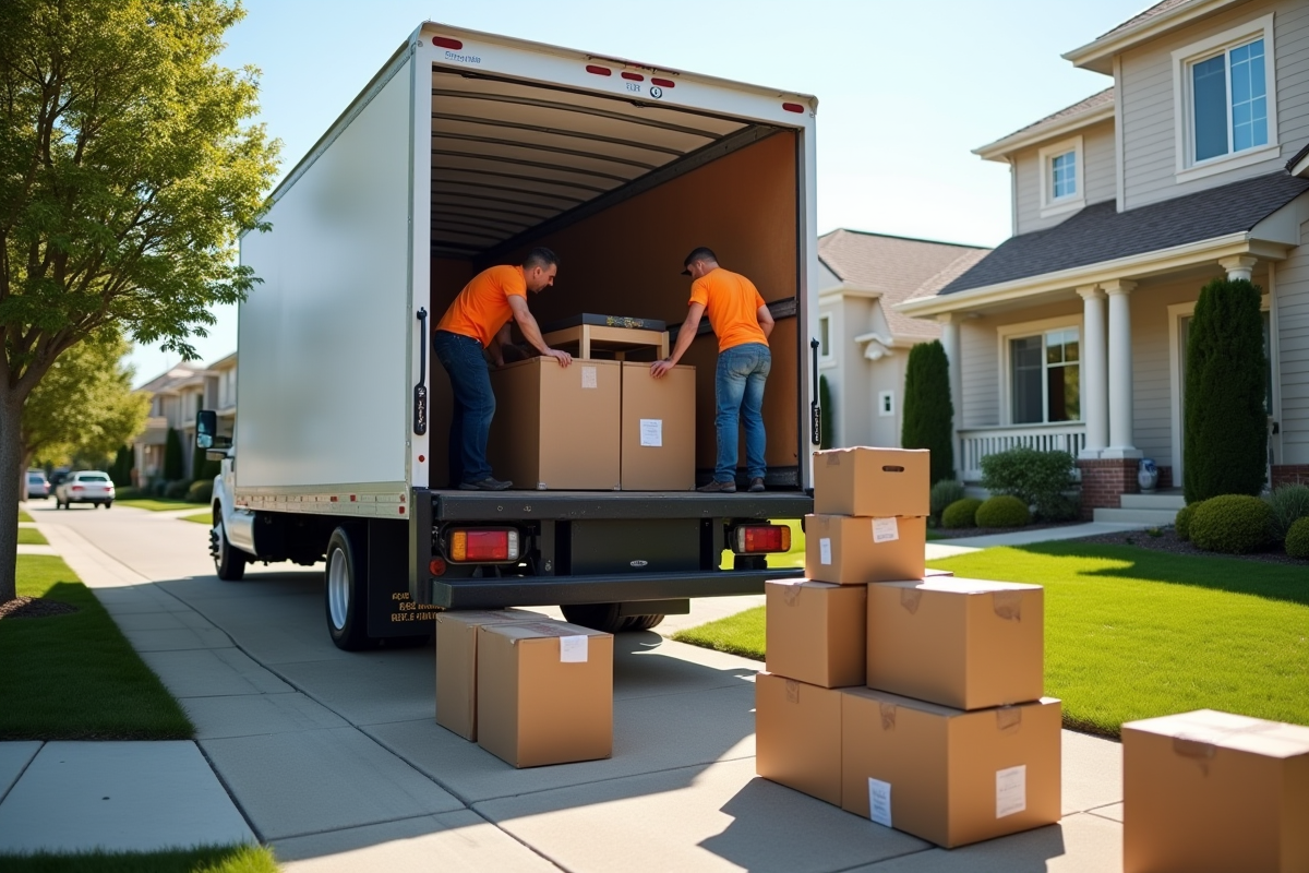 Camion de déménagement devant une maison en journée