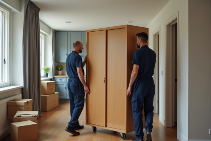 Deux déménageurs portant une grande armoire en bois