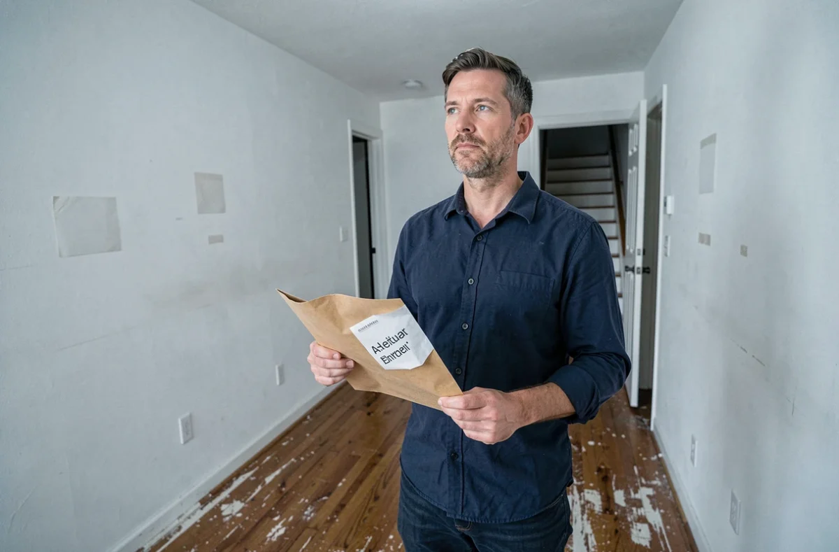 Homme tenant une enveloppe administrative dans un couloir d'appartement vide lors d'un déménagement sans état des lieux de sortie