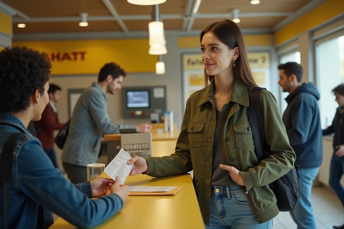 Jeune femme déposant une lettre de préavis en recommandé au guichet d'un bureau de poste