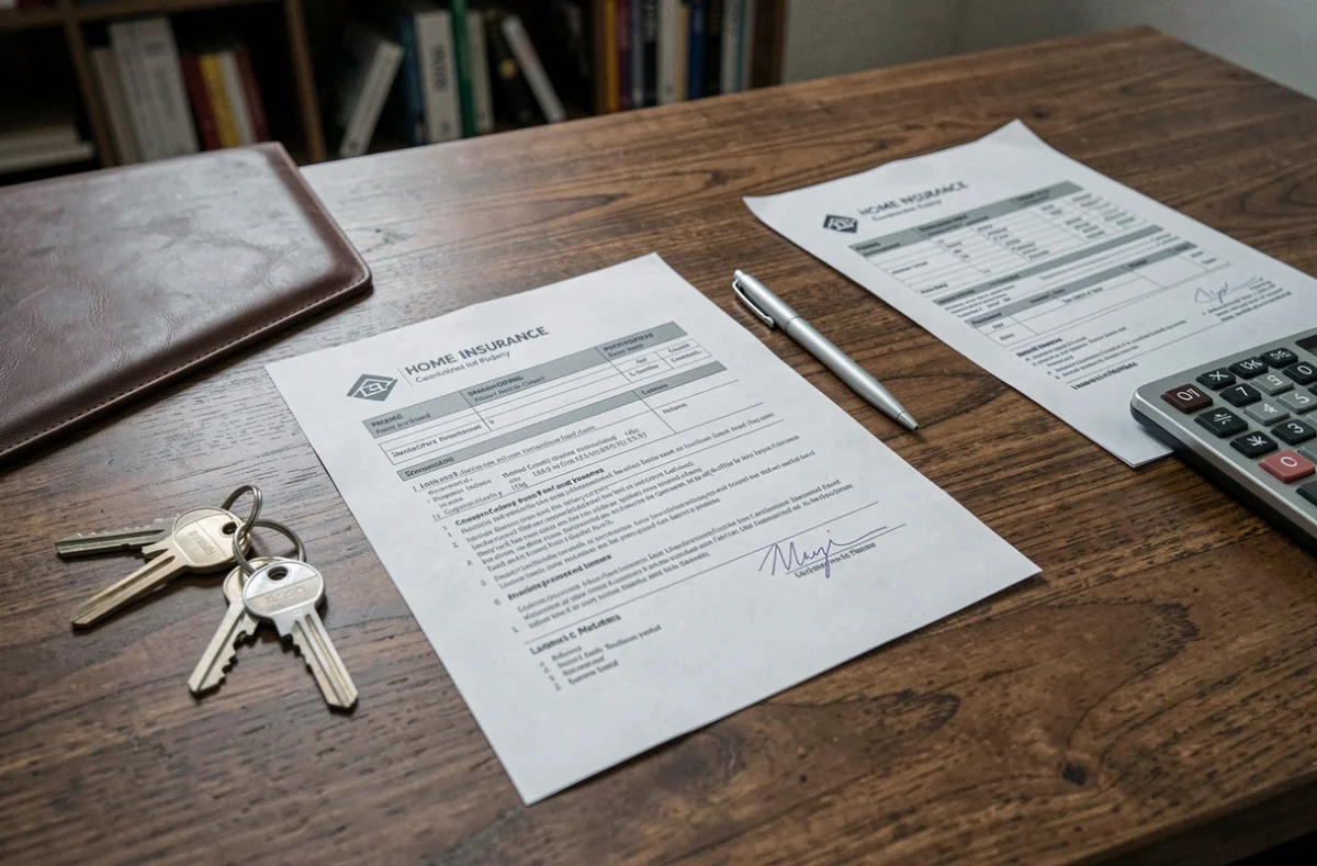 Documents d'assurance multirisque habitation, clés de maison et calculatrice sur un bureau en chêne