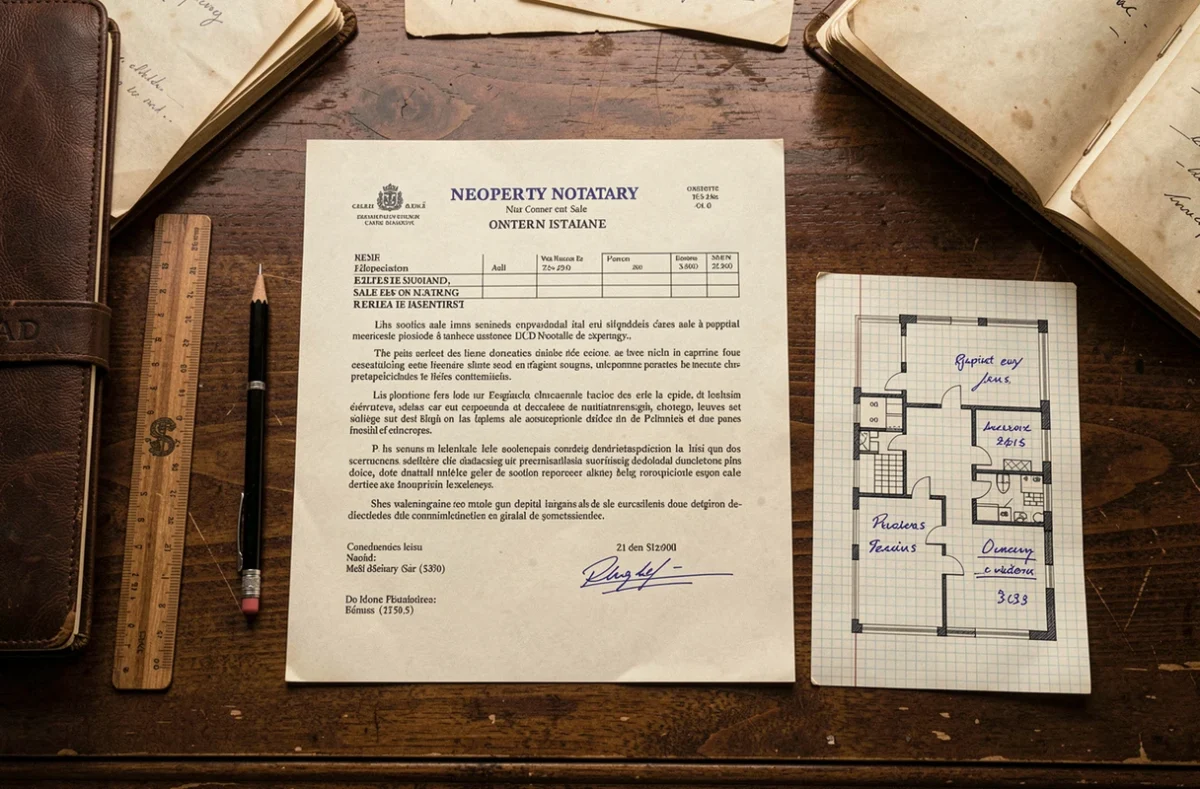Documents notariaux et calculs manuscrits pour la déclaration de plus-value immobilière et forfait travaux 2026