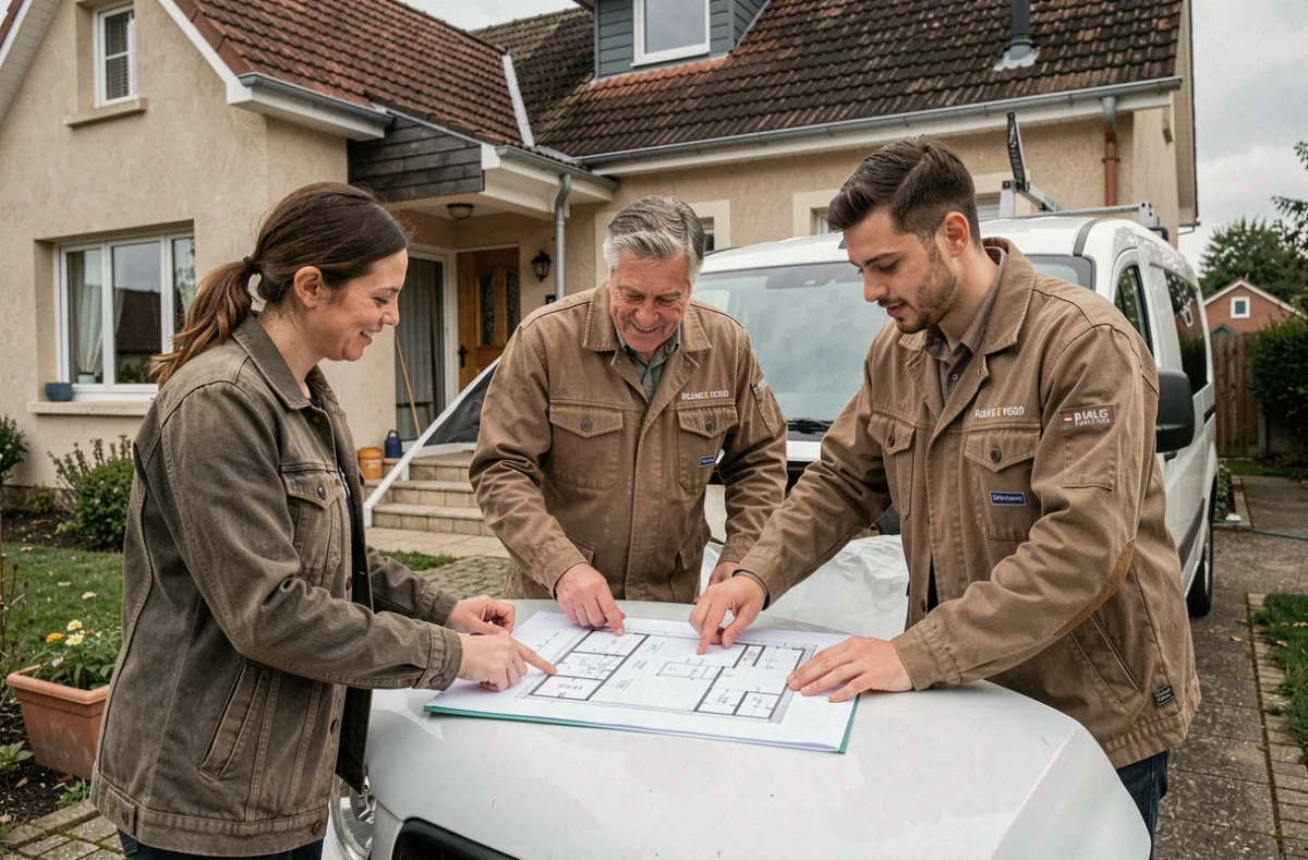 Groupement d'artisans Dorémi Rénovation réunis devant un chantier de rénovation globale, examinant ensemble les plans du projet