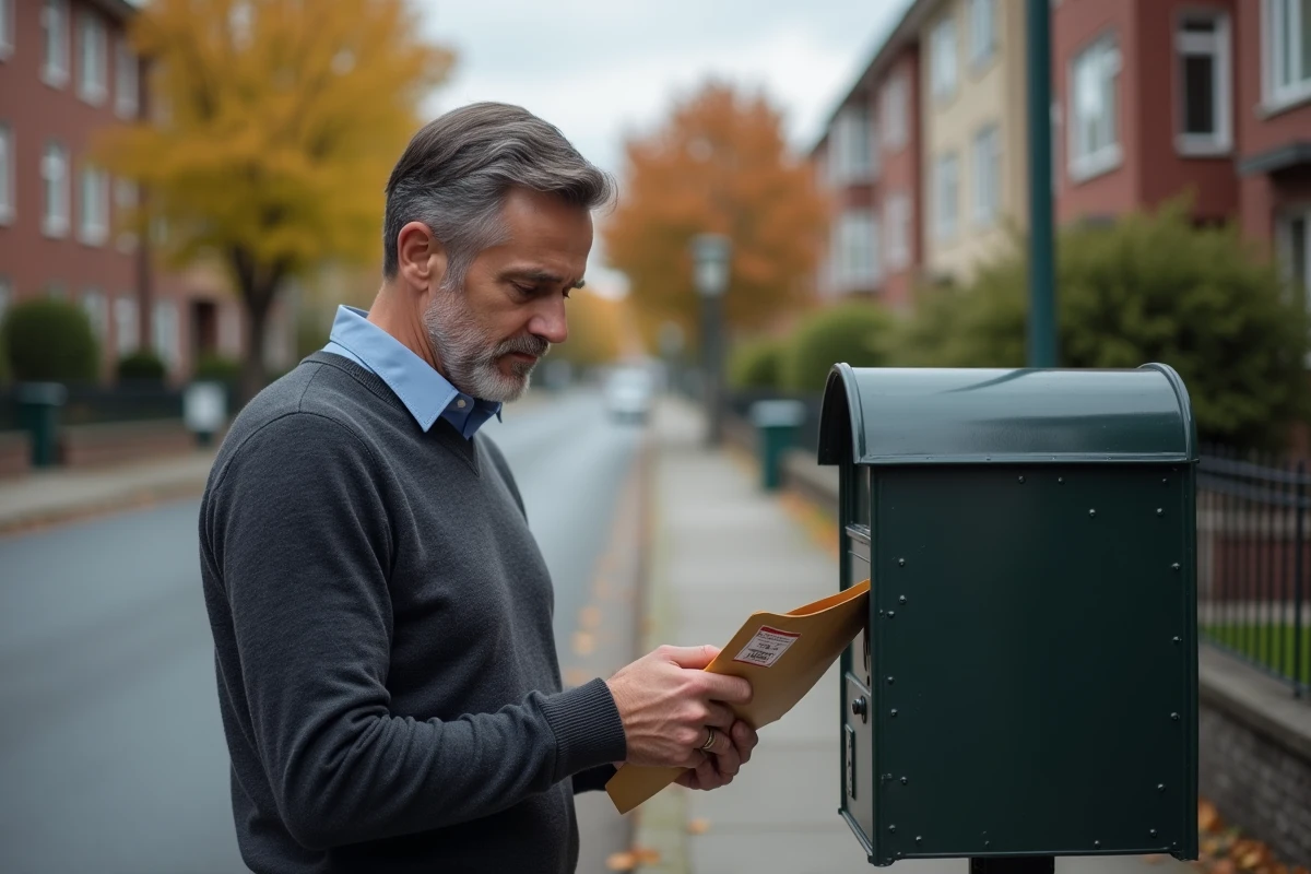 Homme envoyant une lettre de préavis recommandée depuis une boîte aux lettres en ville