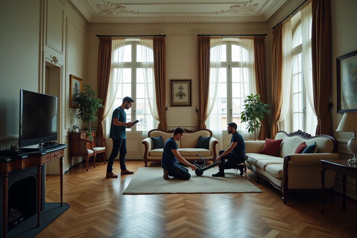 Équipe de tournage professionnelle installant du matériel dans un appartement haussmannien