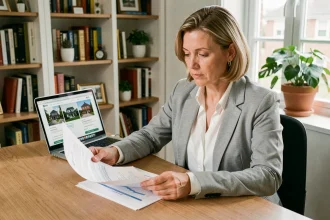 Femme consultant une estimation immobilière en ligne sur ordinateur portable dans un bureau à domicile