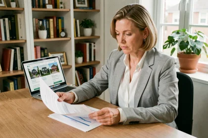 Femme consultant une estimation immobilière en ligne sur ordinateur portable dans un bureau à domicile