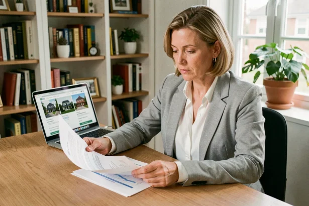 Femme consultant une estimation immobilière en ligne sur ordinateur portable dans un bureau à domicile