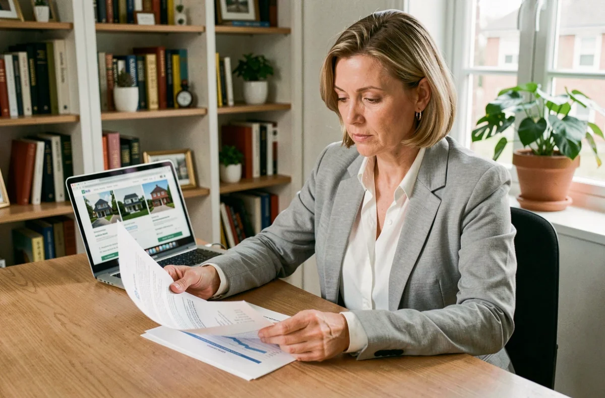 Femme consultant une estimation immobilière en ligne sur ordinateur portable dans un bureau à domicile