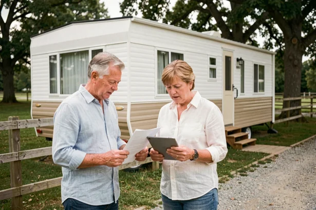 Couple évaluant le prix d'une parcelle de terrain avec mobil-home en zone semi-rurale