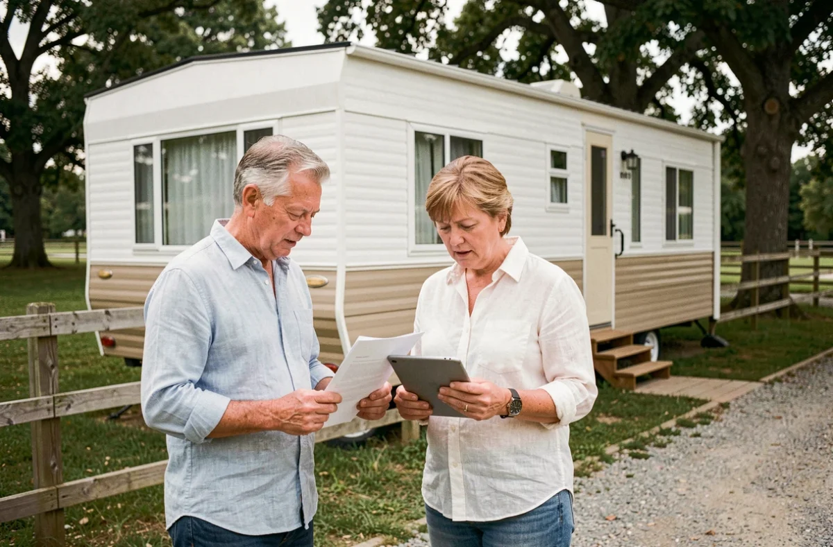 Couple évaluant le prix d'une parcelle de terrain avec mobil-home en zone semi-rurale