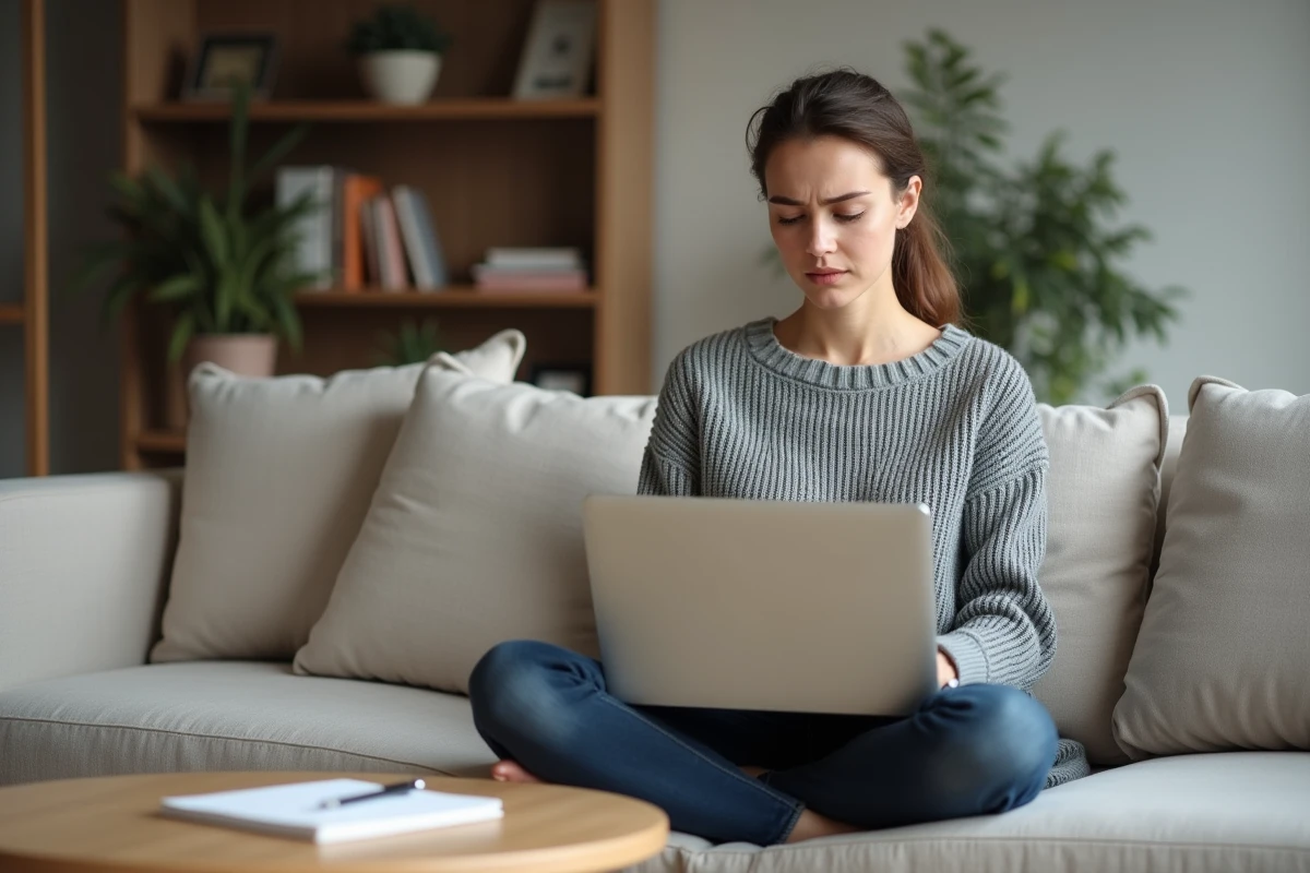 Jeune femme évaluant un logiciel d'estimation immobilière sur son ordinateur portable depuis son salon
