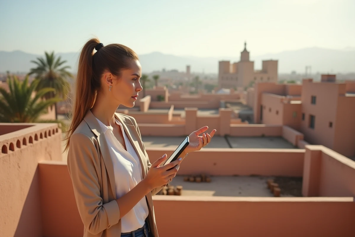 Femme professionnelle évaluant le marché immobilier depuis une terrasse avec vue sur les toits de Marrakech