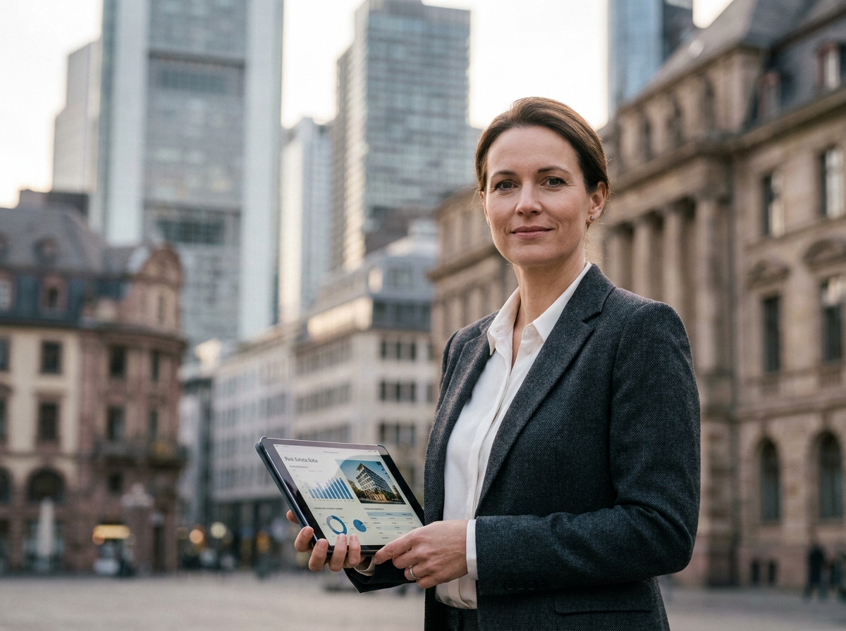 Experte immobilière européenne tenant une tablette avec des données de valorisation d'actifs devant un immeuble commercial moderne
