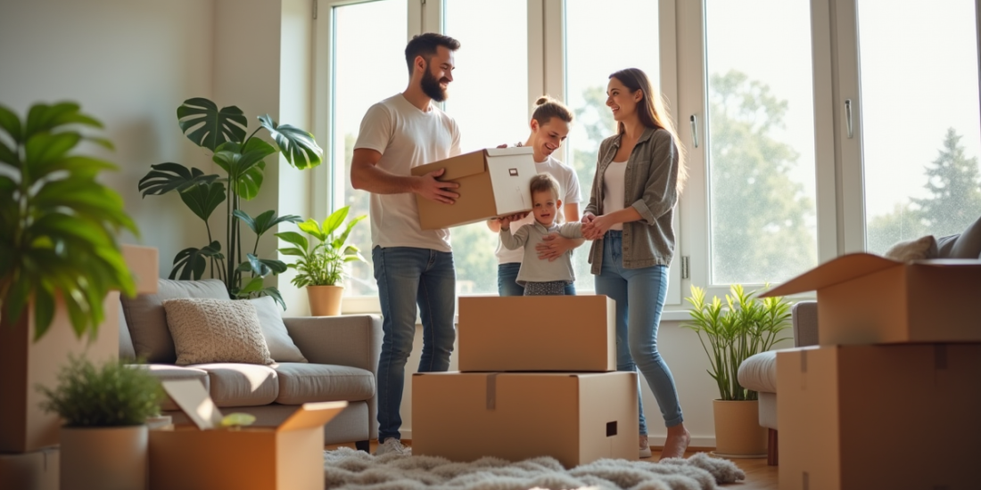 Famille souriante emballant des cartons dans un salon lumineux