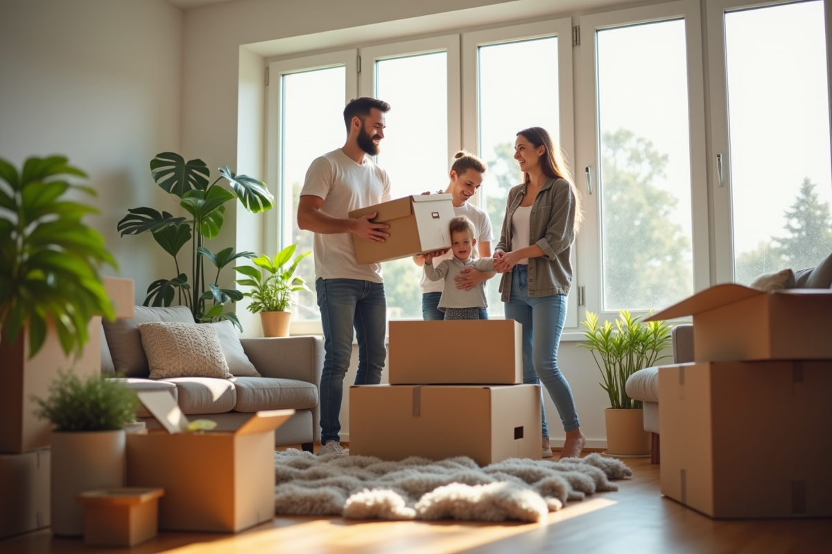 Famille souriante emballant des cartons dans un salon lumineux