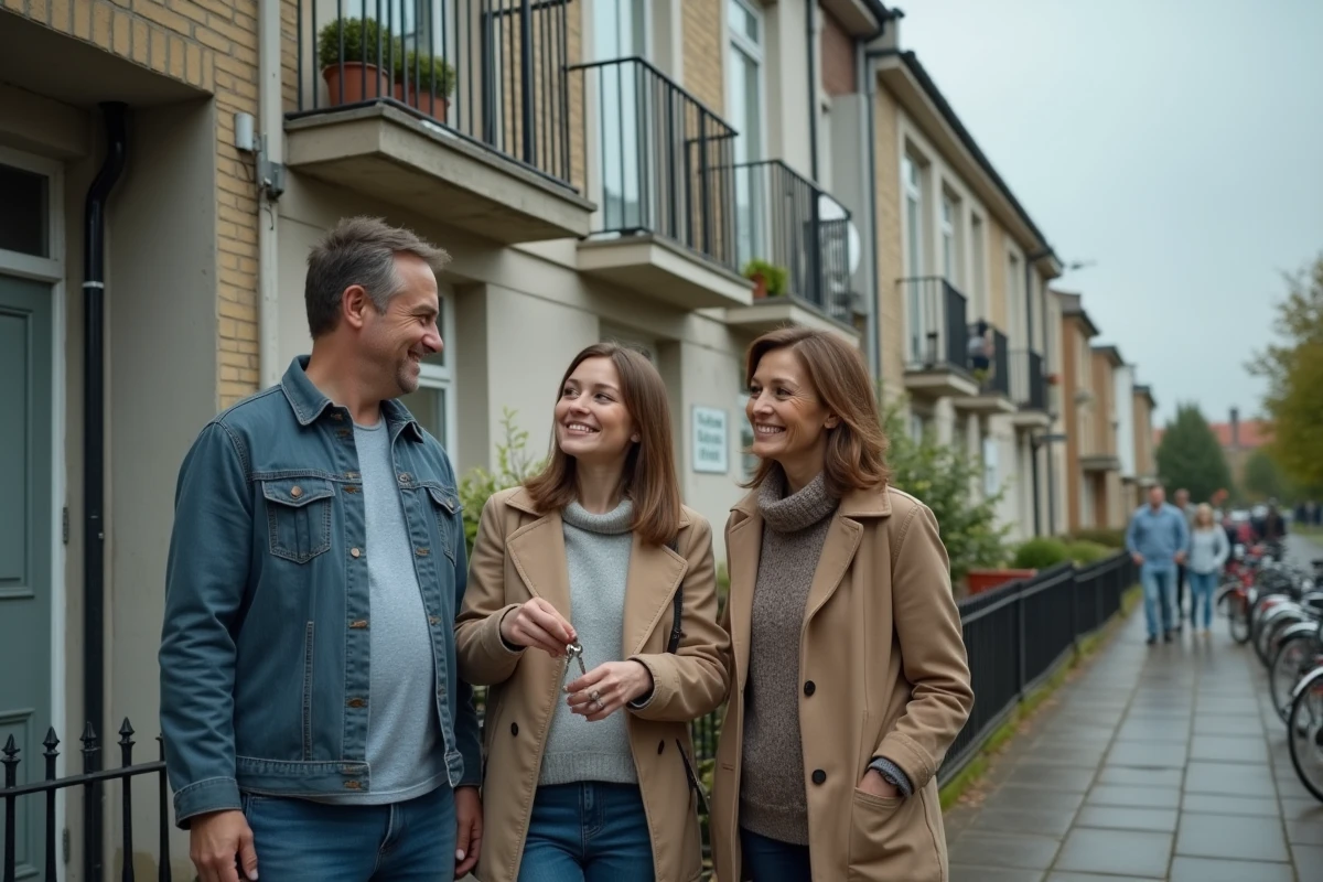 Famille relogée devant un immeuble de logement très social grâce au dispositif SYPLO