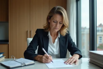 Femme d'affaires lisant un document dans un appartement moderne