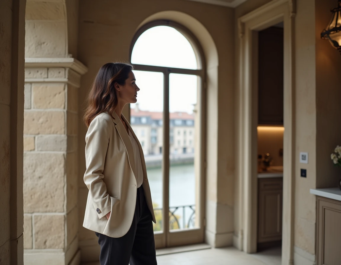 Femme élégante devant une fenêtre cintrée d'un appartement rénové de luxe à Bordeaux avec vue sur la Garonne