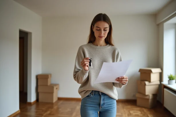 Femme examinant un document et des clés dans un appartement