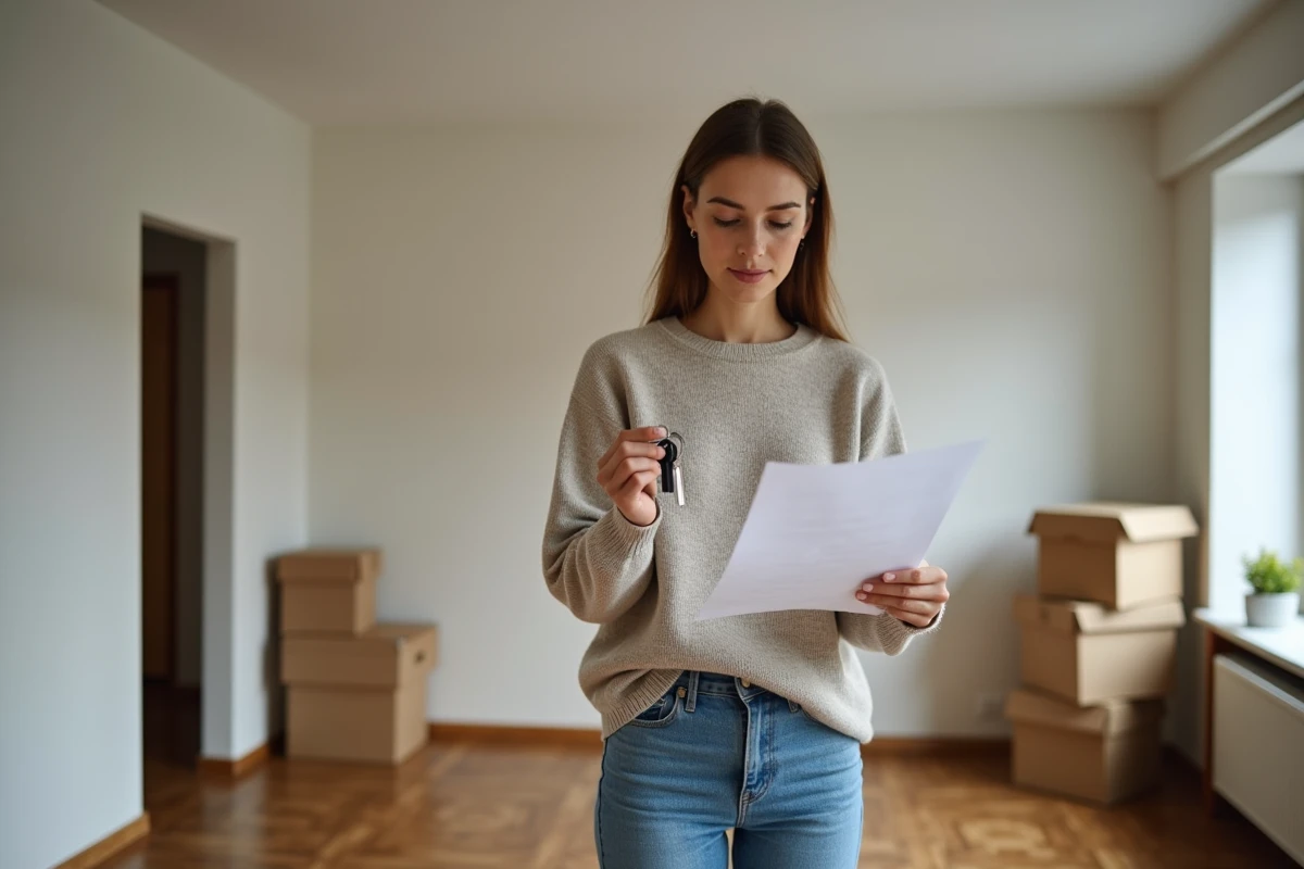 Femme examinant un document et des clés dans un appartement
