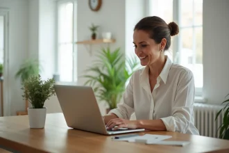 Femme assise à la maison utilisant un ordinateur portable