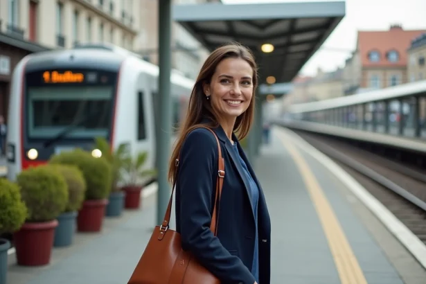 Femme cadre sur un quai de gare de banlieue parisienne en Île-de-France pour son trajet domicile-travail