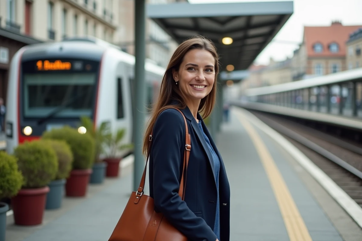 Femme cadre sur un quai de gare de banlieue parisienne en Île-de-France pour son trajet domicile-travail