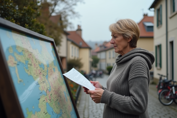 Femme d'âge moyen étudiant une carte dans une ville française