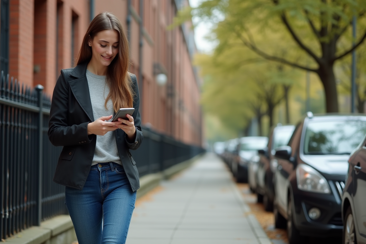 Jeune femme utilisant son smartphone pour comparer des prix de parking