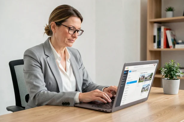 Femme consultant son compte copropriété MyFoncia sur un ordinateur portable dans un bureau à domicile moderne en 2026