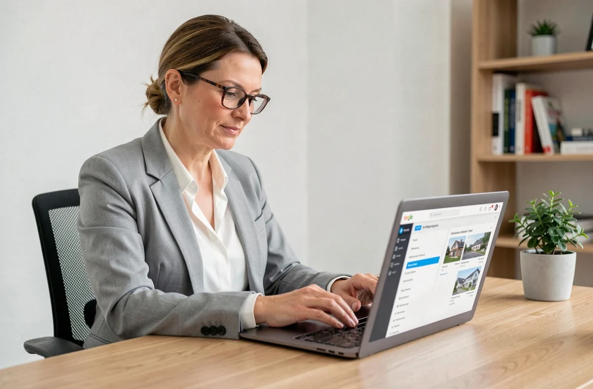 Femme consultant son compte copropriété MyFoncia sur un ordinateur portable dans un bureau à domicile moderne en 2026