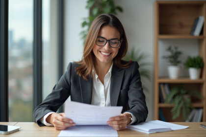 Femme souriante au bureau avec documents prêt modulable
