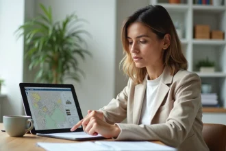 Femme consultant l'outil ERRIAL sur une tablette pour vérifier les informations cadastrales avant un achat immobilier