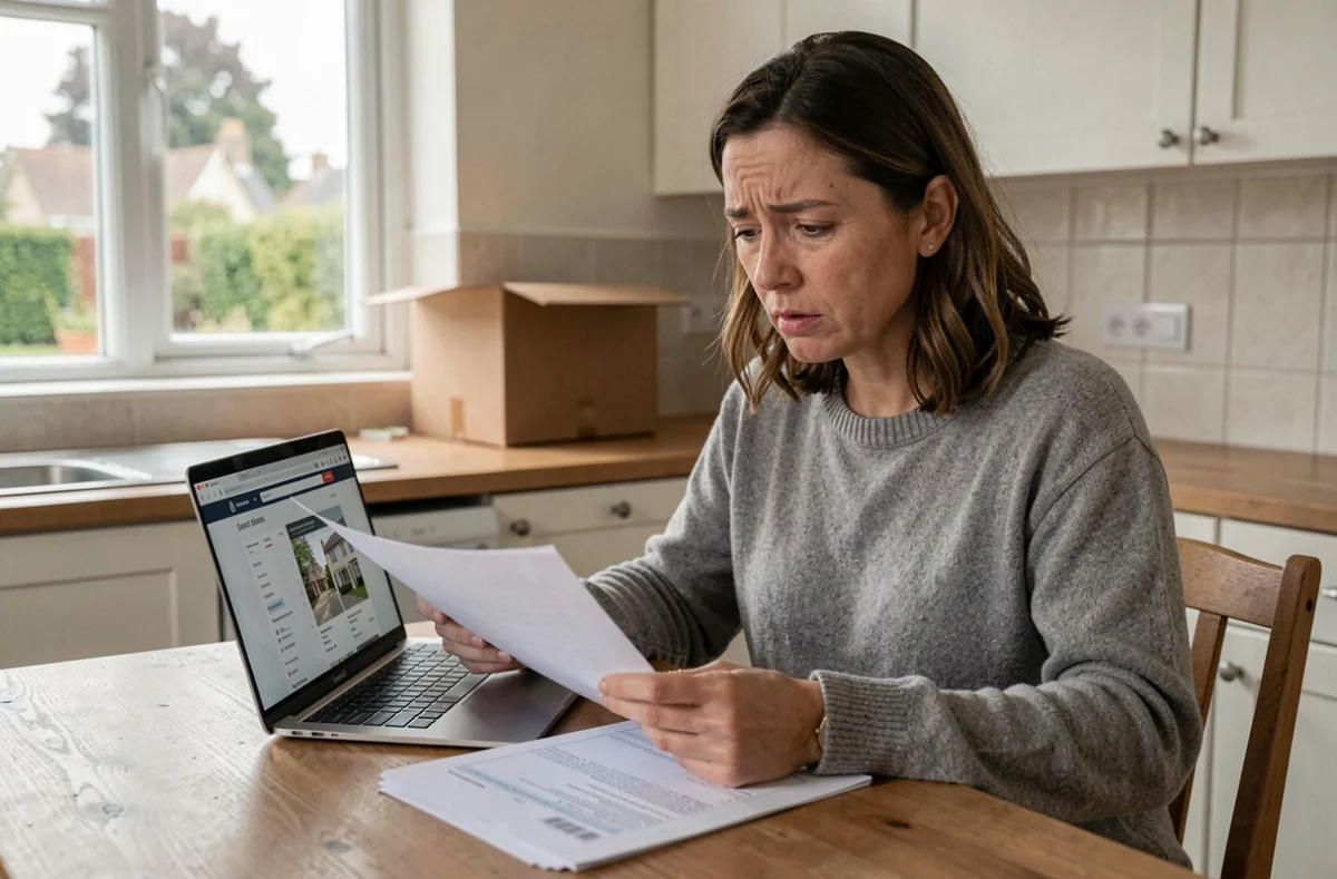 Femme seule consultant des documents d'estimation immobilière à une table de cuisine vide lors d'une procédure de vente urgente