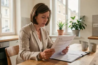Femme consultant un contrat d'assurance multirisque habitation à une table de cuisine en bois