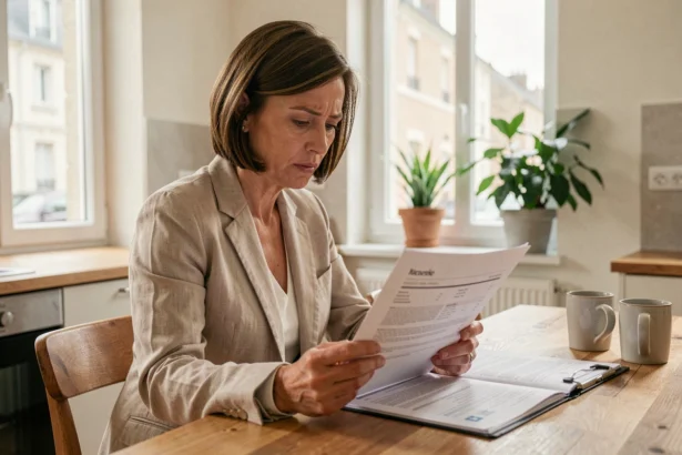 Femme consultant un contrat d'assurance multirisque habitation à une table de cuisine en bois