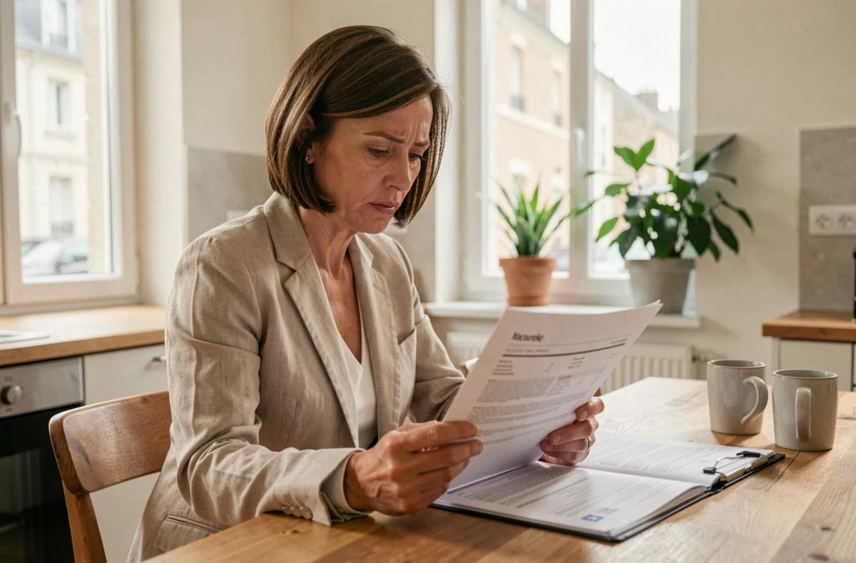 Femme consultant un contrat d'assurance multirisque habitation à une table de cuisine en bois