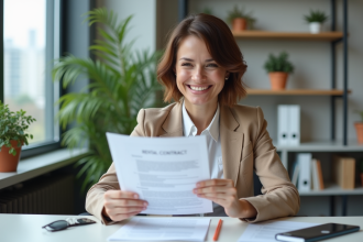 Femme souriante vérifiant un contrat de location au bureau