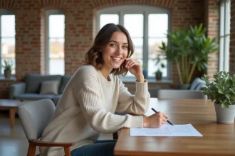 Femme souriante examinant un contrat de location à Le Havre
